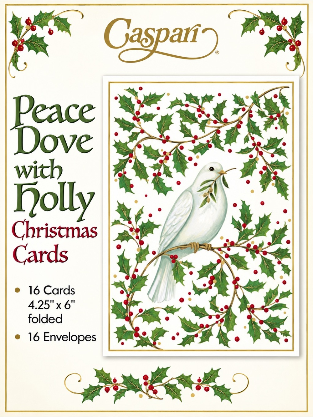 Caspari Peace Dove with Holly Stationery Set - White and Green with Red Berries